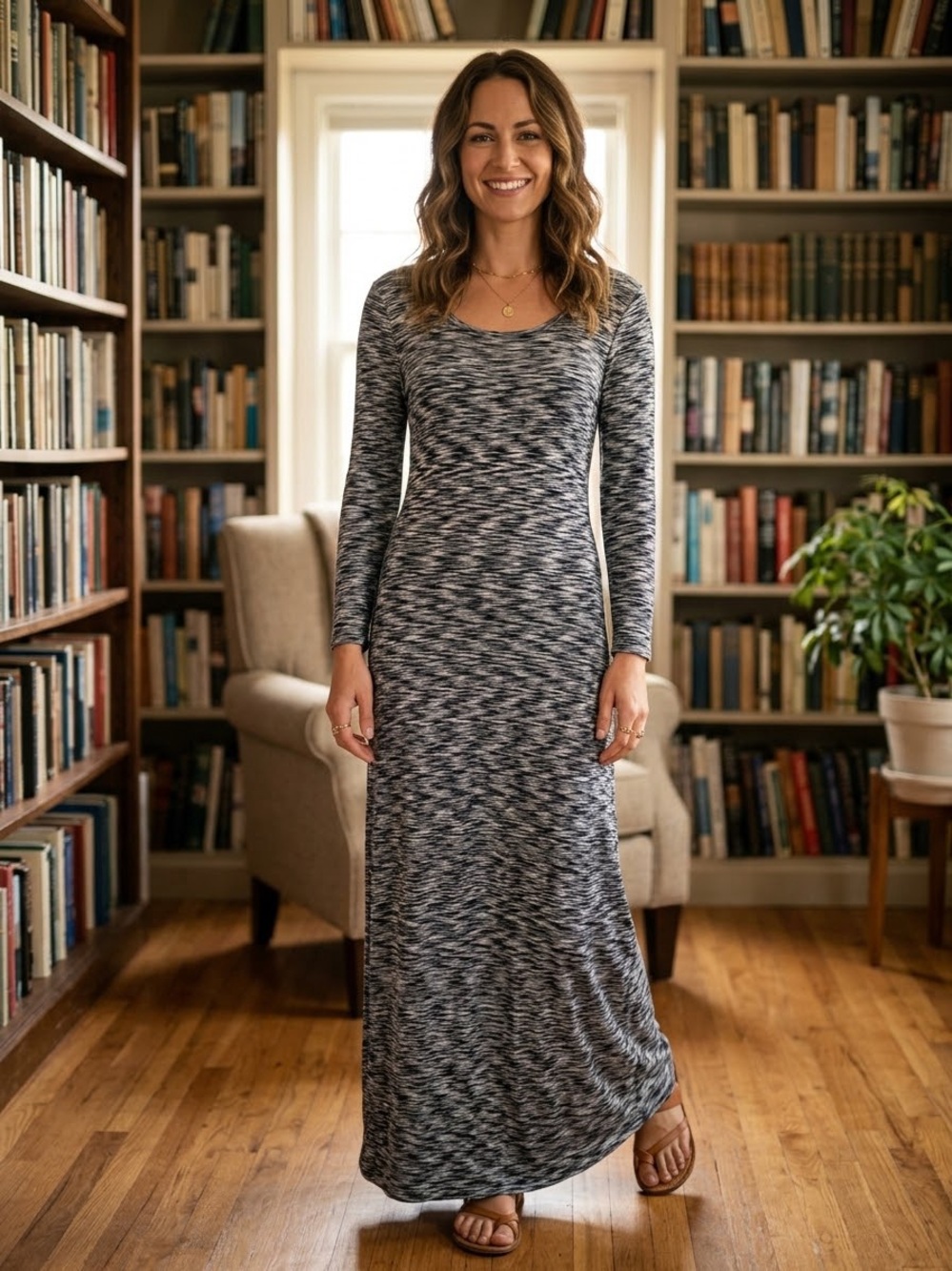 Neiman Marcus Knit Space Dye Black White Scoop Neck Maxi Dress Long Sleeve M